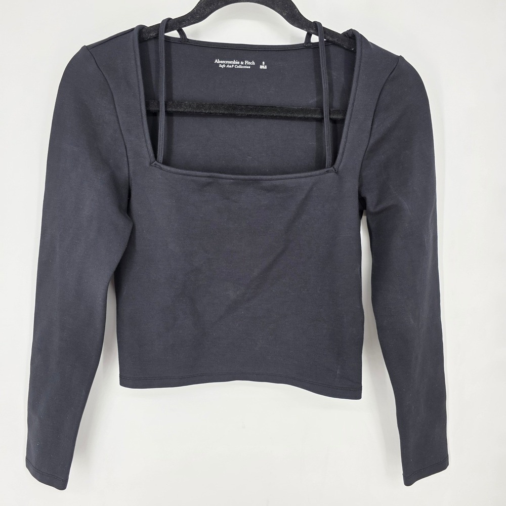 Abercrombie & Fitch Black Square Neck Double Strap Long Sleeve Crop Top Small